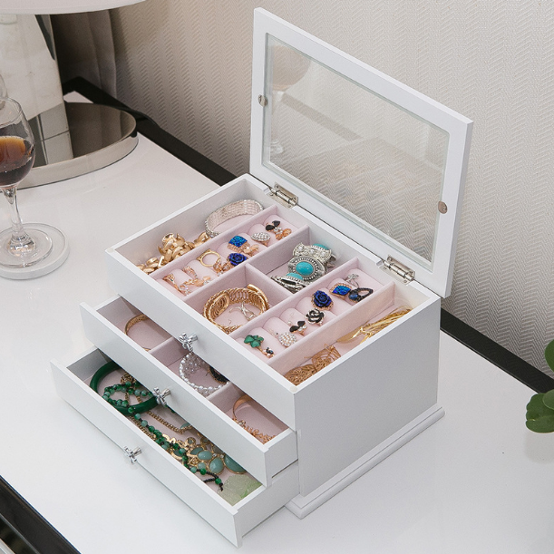 韓國抽屜式木質高檔首飾盒收納盒創意飾品箱珠寶盒
