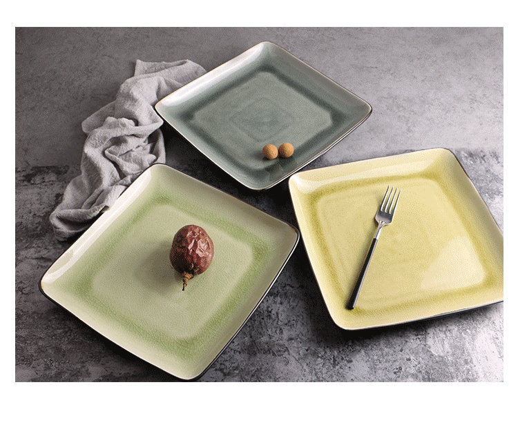藝術冰裂釉陶瓷餐具西餐牛盤子10寸方形大盤個性複古