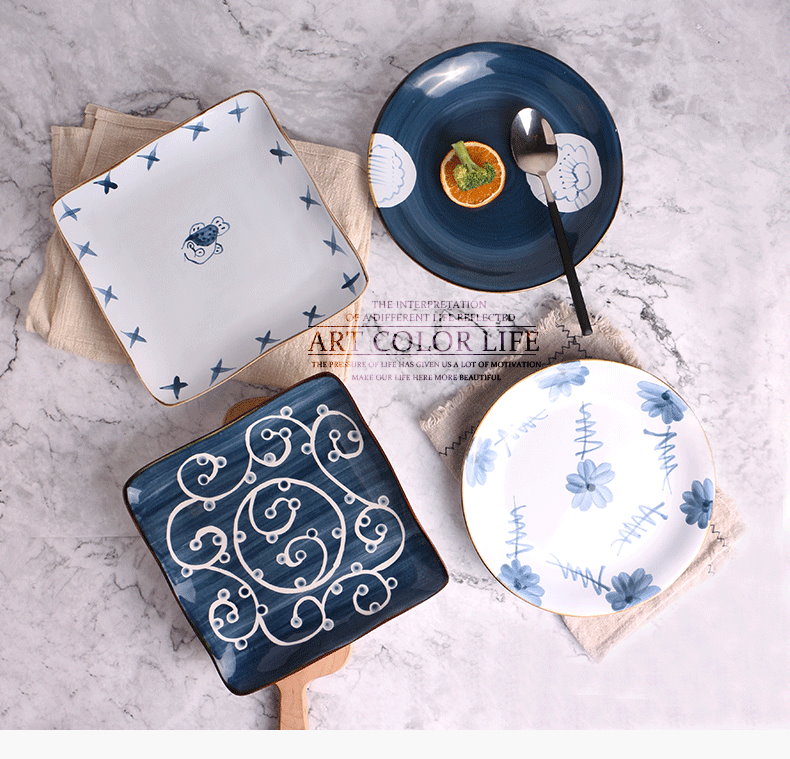 藝術創意個性8.5英寸日式青花陶瓷盤手繪陶瓷盤家用菜盤沙拉盤