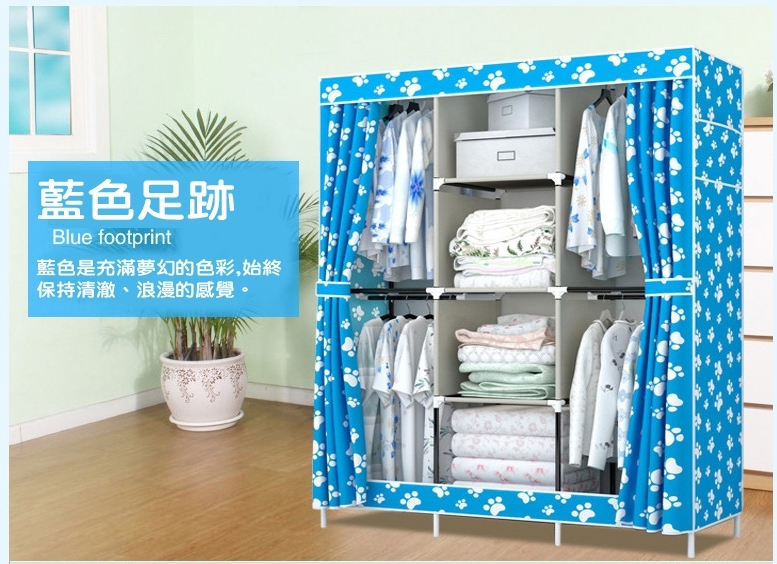 樂活時光簡易衣櫃鋼架布藝牛津布衣櫃鋼管特價組裝雙人大號衣櫥-側拉4掛