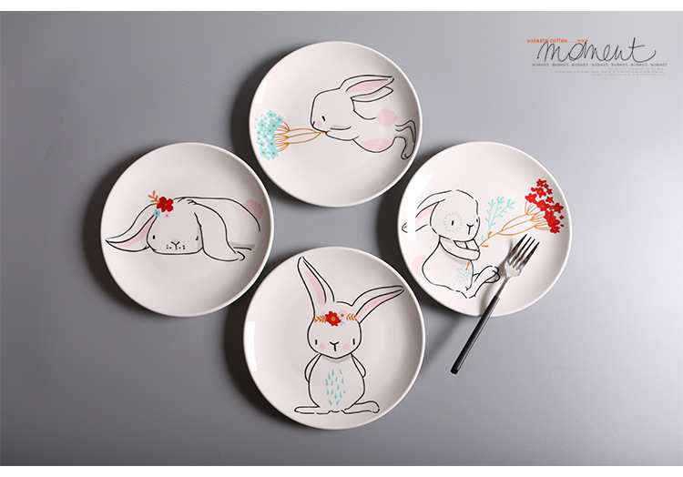 創意兔兔卡通陶瓷盤子碗盤碟家用圓形西餐盤果盤廠家餐具(4入1組)