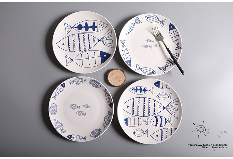 創意陶瓷西餐牛排手繪魚紋盤8英寸家用菜盤圓盤子(4入1組)