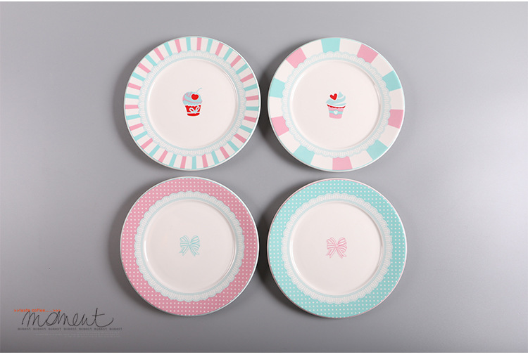 少女風創意圓形陶瓷盤子卡通餐具果盤家用菜盤早餐盤碗盤碟(4入1組)