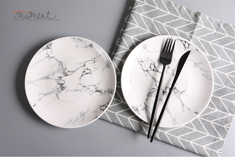 創意大理石紋陶瓷盤子家用圓形果盤酒店碗盤碟子禮品餐具