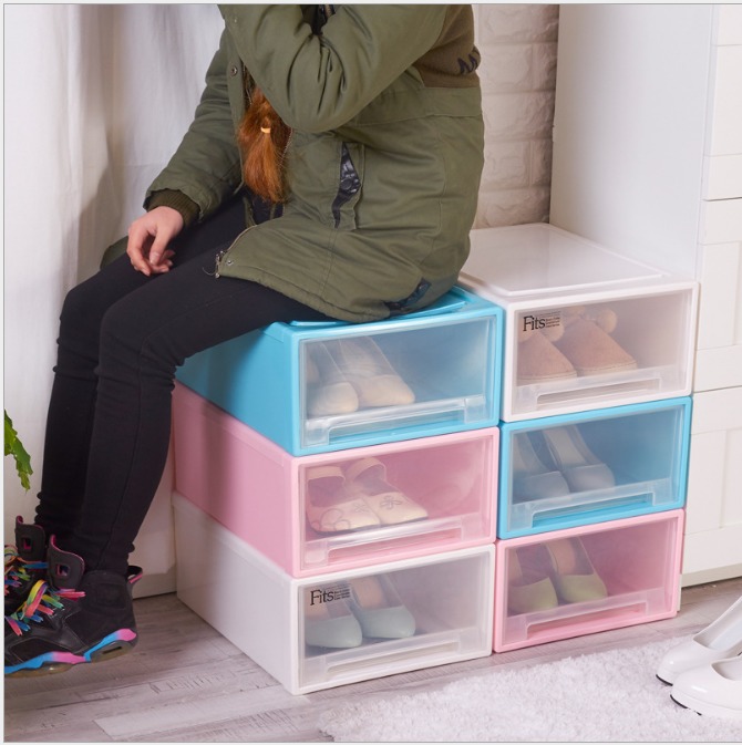 可疊透明鞋盒彩色加厚收納盒塑料抽屜櫃整理箱儲物箱-大4入組