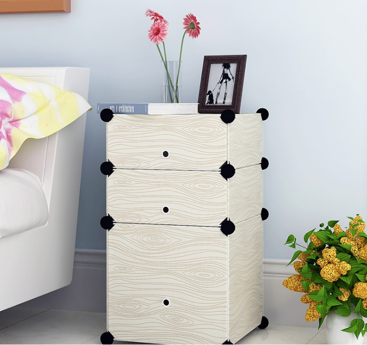 仿木紋塑料床頭櫃收納櫃臥室床邊櫃簡約現代小櫃子簡易組裝-3層