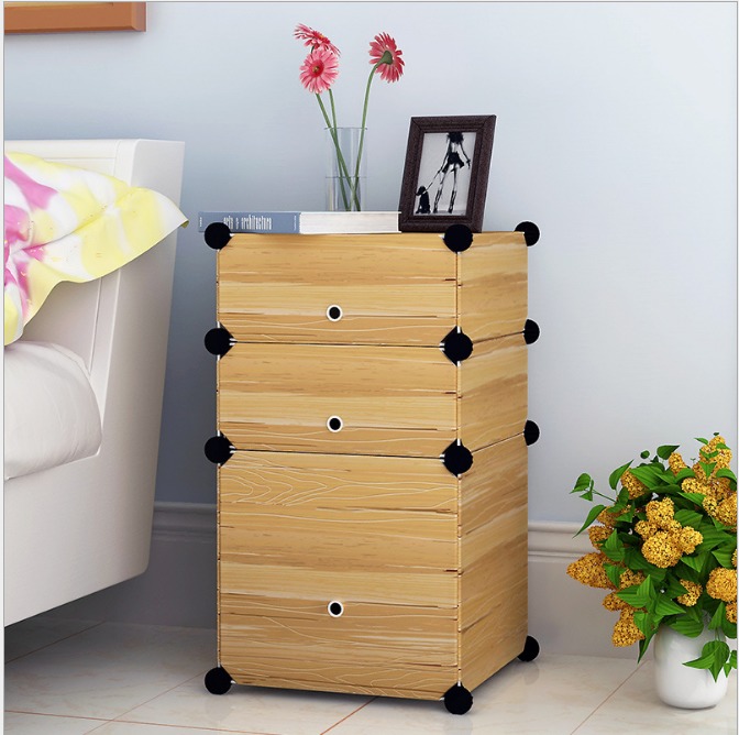 仿木紋塑料床頭櫃收納櫃臥室床邊櫃簡約現代小櫃子簡易組裝-2層