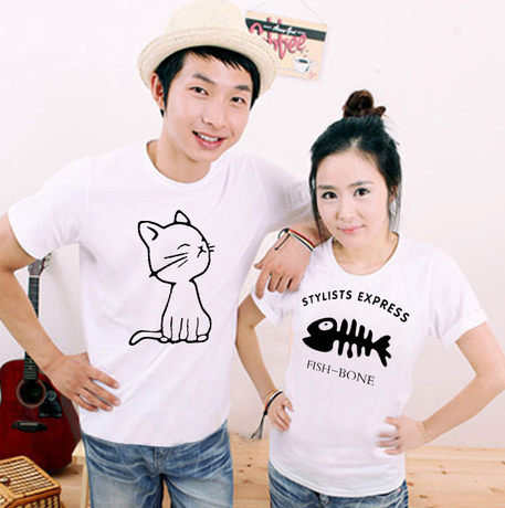 韓版 貓和魚骨頭 情侶T-Shirt 100% 純棉 多色可挑 有加大尺碼